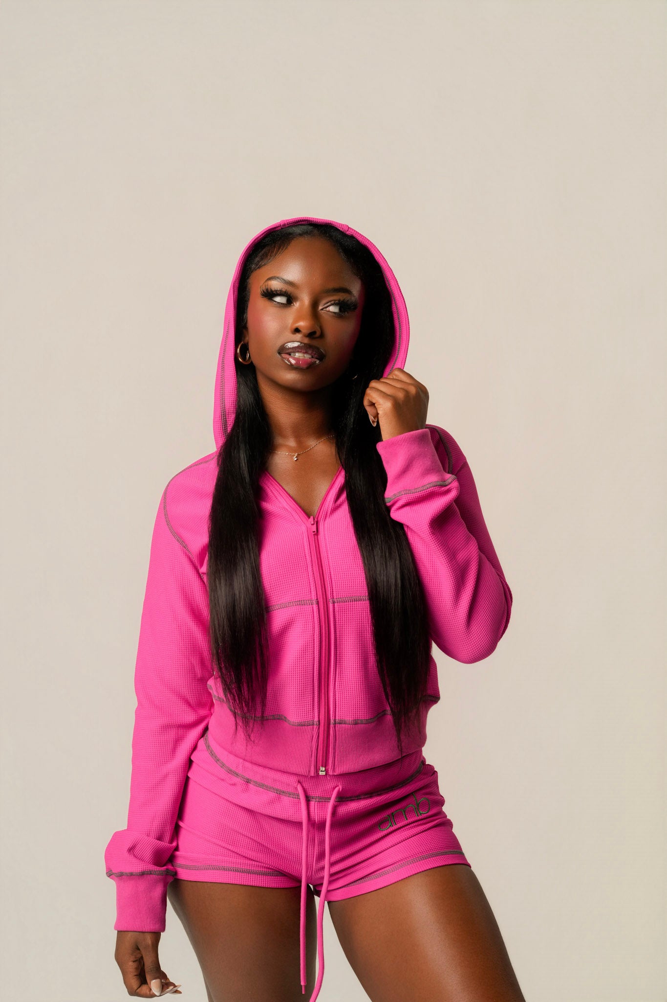 AMB Two-Piece Set Pink — hood up
